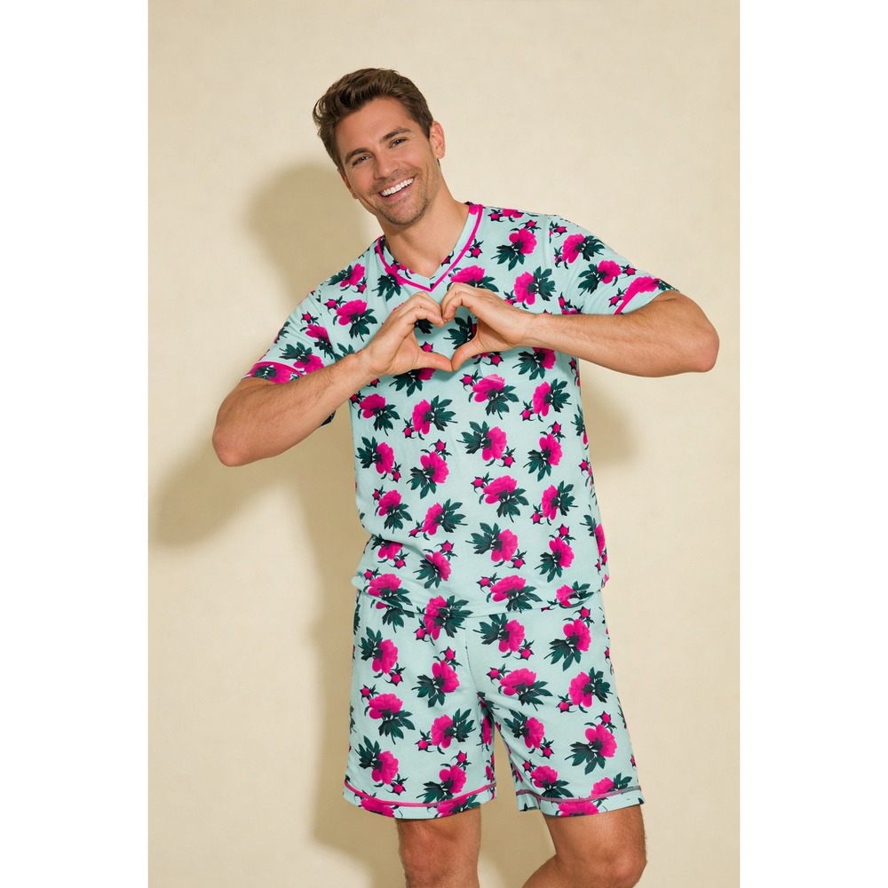 Cosabella Men's Pima Cotton Modal Printed Pajama Set V-Neck Short Sleeve,Shorts‎